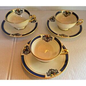 Rare! Lenox Westchester Cobalt Blue 3 Demitasse Teacup and Saucer Sets 1920's